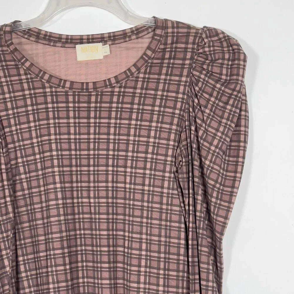 Nation Ltd Long Sleeve Top Sz L Plaid Brown 100% Pima Cotton MInimalist - Picture 5 of 12